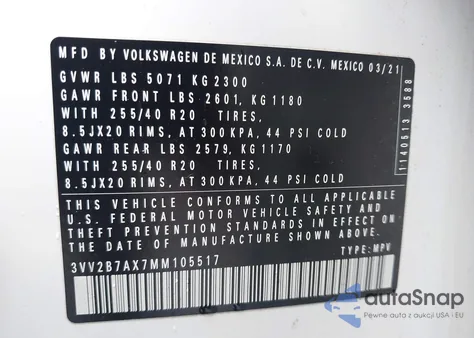 2021 Volkswagen Tiguan 2.0T Se/2.0T Se R-Line Black/2.0T Sel z USA, uszkodzony, nr VIN 3VV2B7AX7MM105517